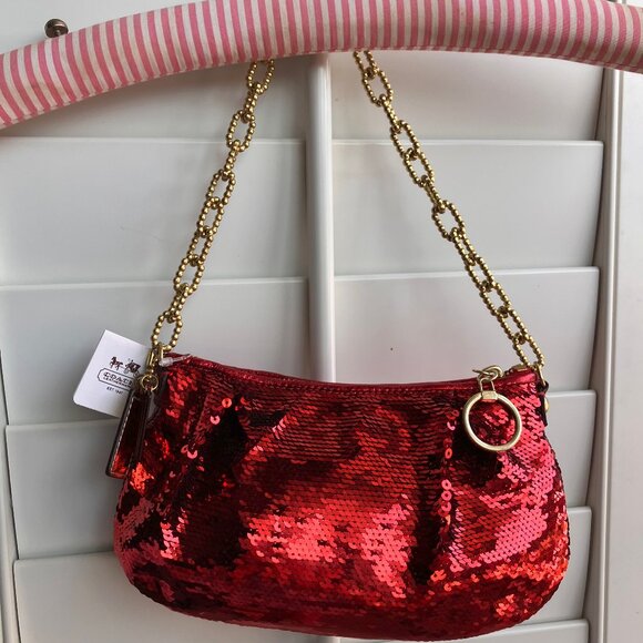 Red Coach Poppy Sequin Chain Limited Edition Demi Bag NWT - Picture 1 of 5